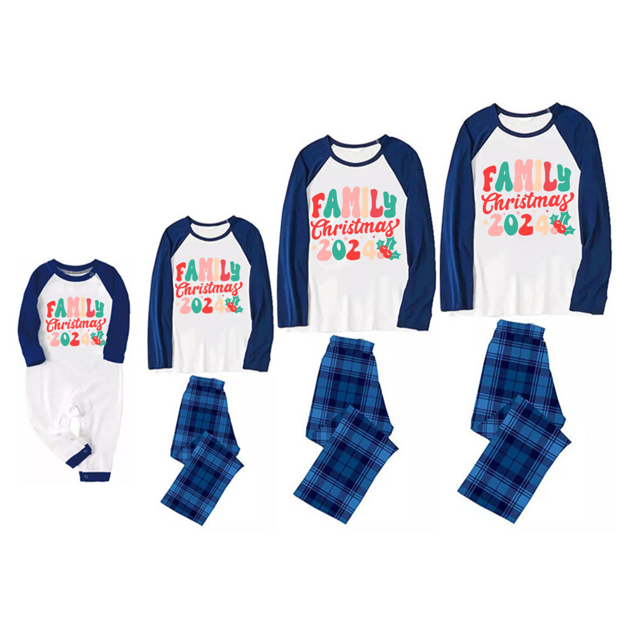 Christmas ' Family Christmas 2024' Letter Print Patterned Casual Long Sleeve Sweatshirts Blue Sleeve Contrast Tops and Blue Plaid Pants Family Matching Pajamas Sets With Dog Bandan