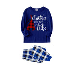 "Christmas With My Tribe"  Pattern Blue Long Sleeves with Blue&White&Black Plaid Pants Couple Matching Pajamas