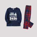'Our Family Chirstmas 2026 Making Memories Together' Letter Print Blue Long Sleeves Top with Red and Blue Plaid Pants Christmas Matching Pajamas