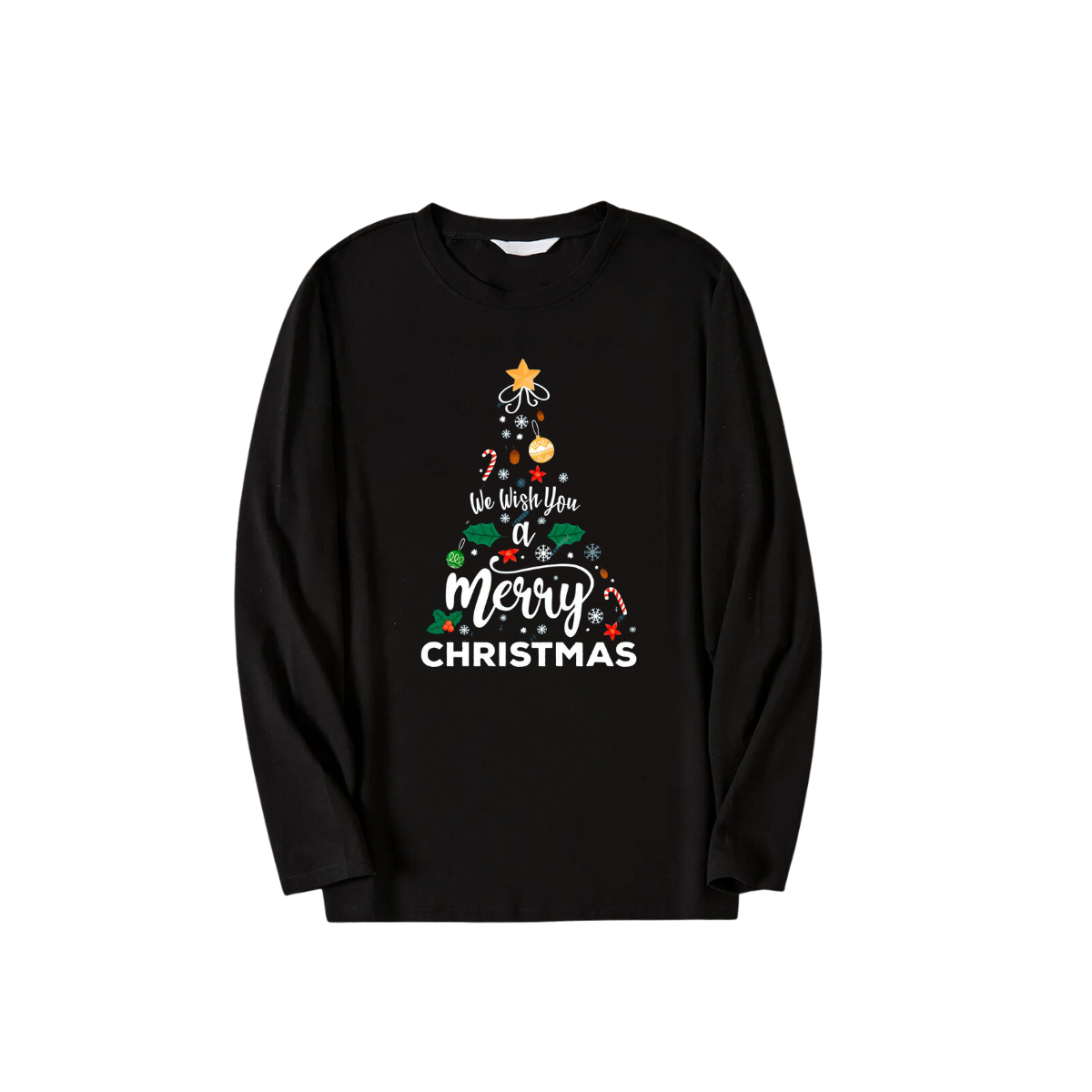 "We Wish You a Merry Christmas" Printed Pattern Black Long Sleeve Top with Black & Green Plaid Pants Couple Matching Pajamas