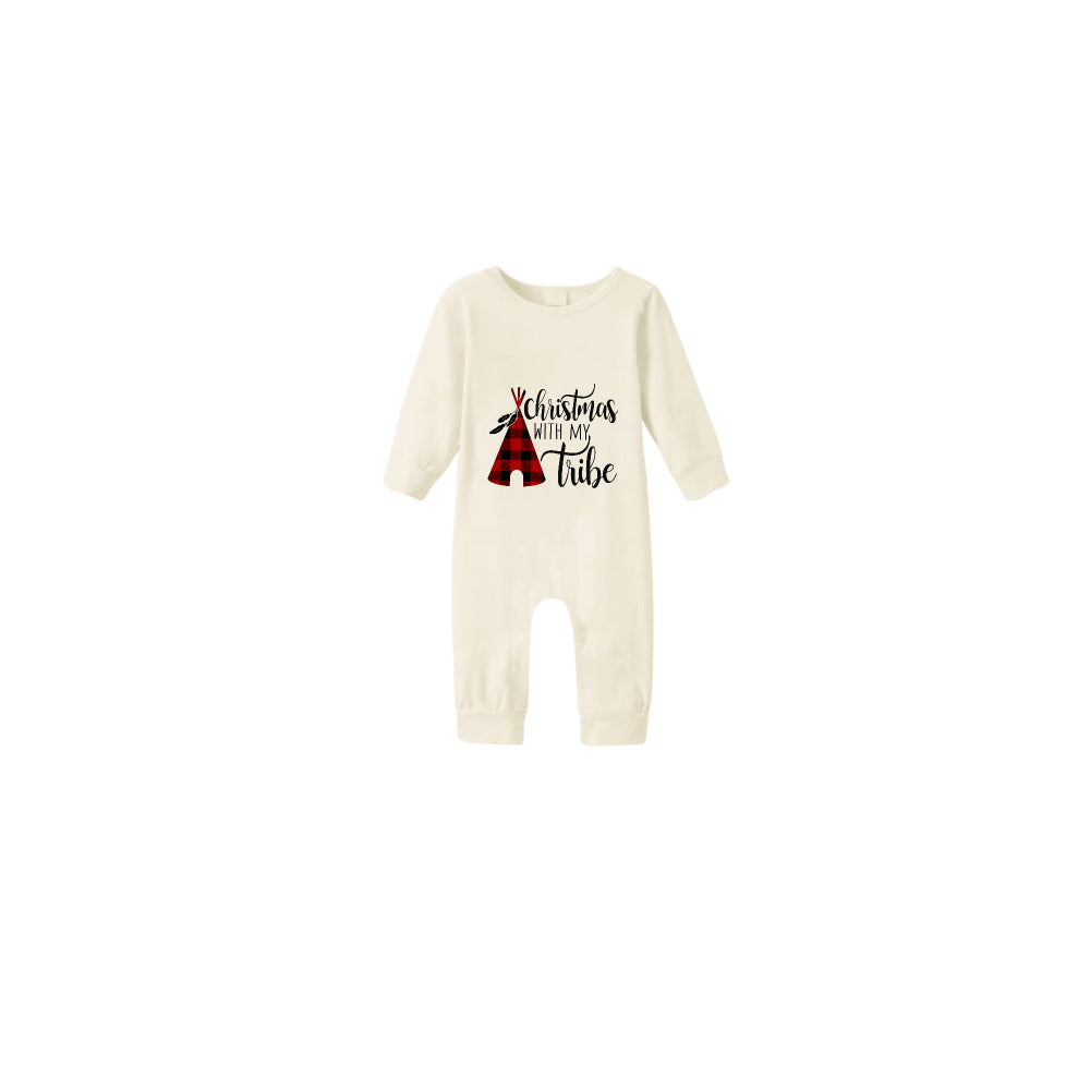 Beige Christmas Pattern Print Christmas Pajamas Set With Christmas Holiday Text Print