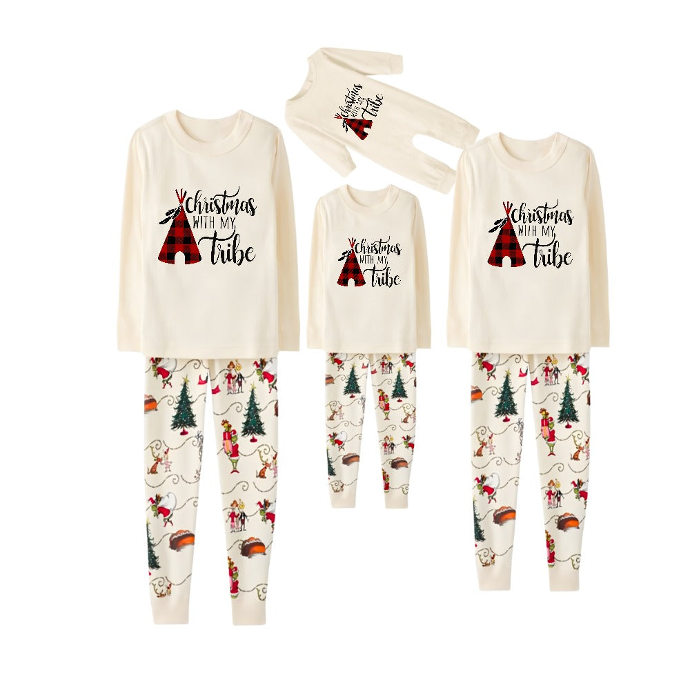 Beige Christmas Pattern Print Christmas Pajamas Set With Christmas Holiday Text Print