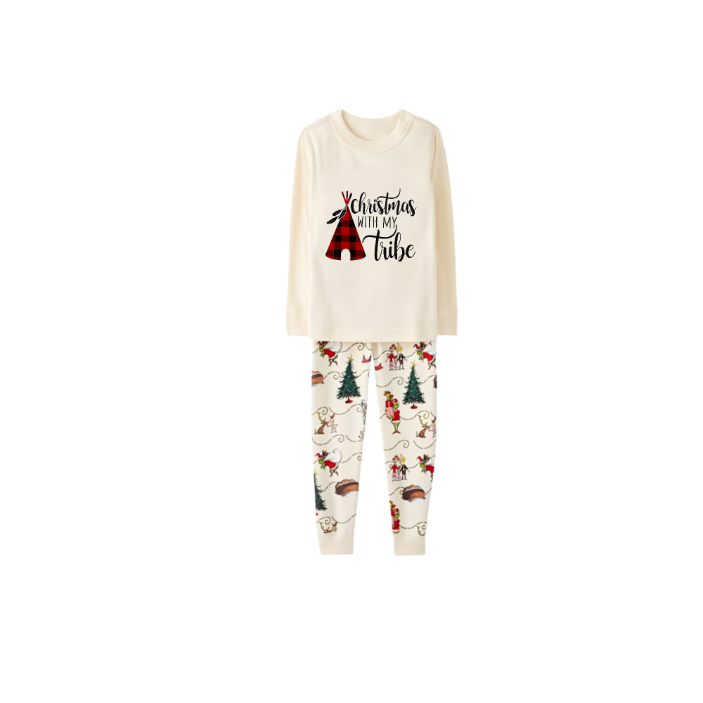 Beige Christmas Pattern Print Christmas Pajamas Set With Christmas Holiday Text Print