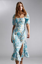 Floral Puff Sleeve Square Collar Slit Midi Dress