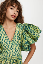 Printed Puff Sleeve V-Neck Slit Maxi Dress
