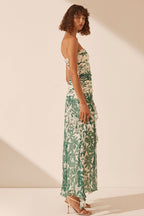 Floral Ruched Strapless Midi Dress