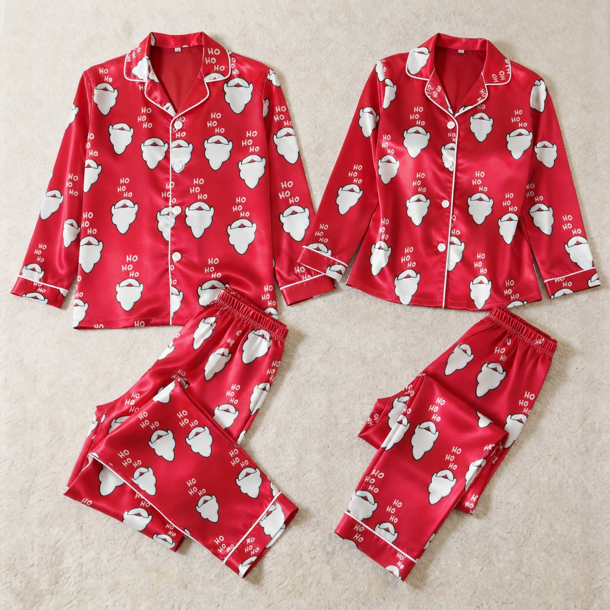 Santa Beard and "HO HO" Satin Matching Pajamas for Couples – Long Sleeve Button-Down Top & Pants Sleepwear Set