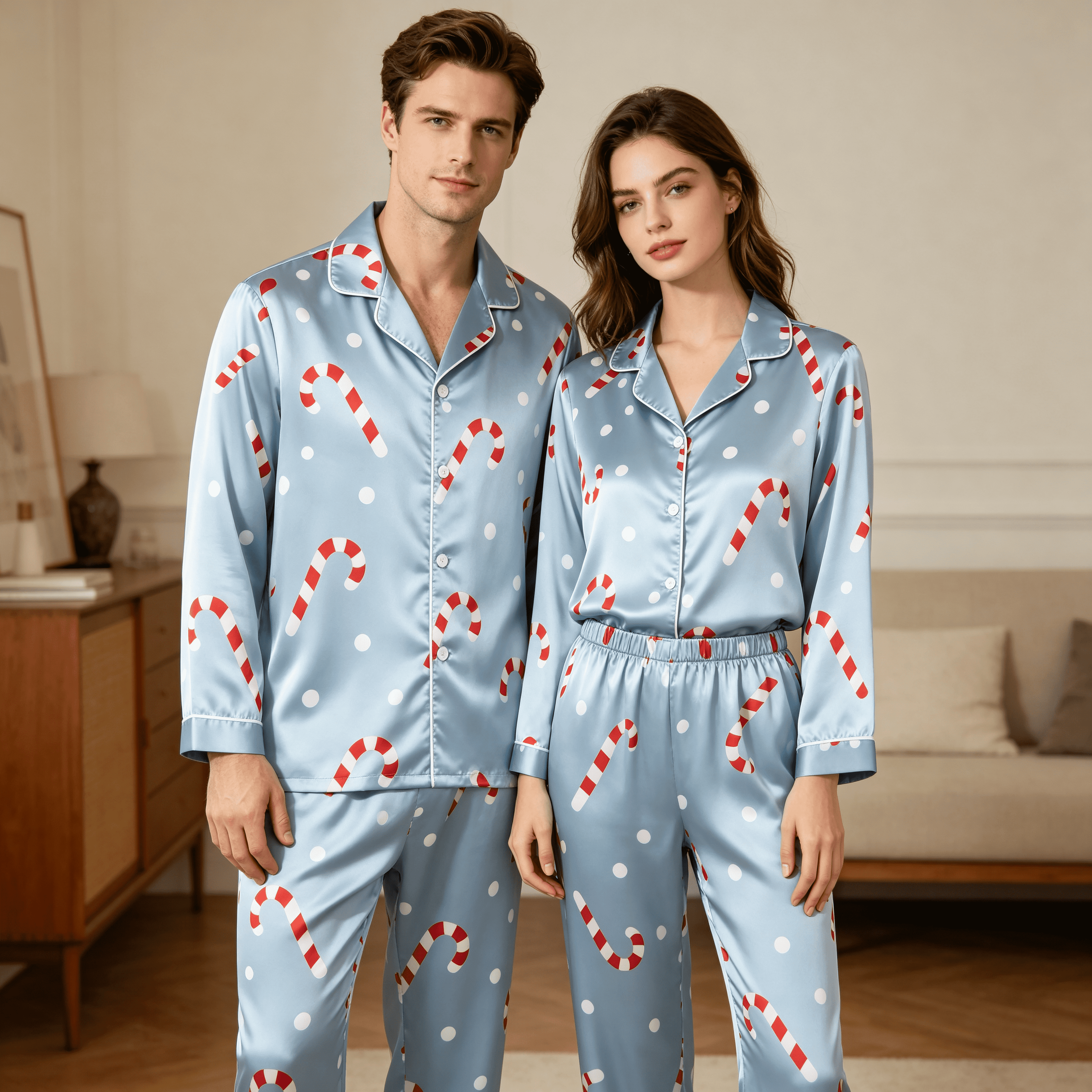 Candy Cane Print Satin Matching Pajamas for Couples – Long Sleeve Button-Down Top & Pants Sleepwear Set