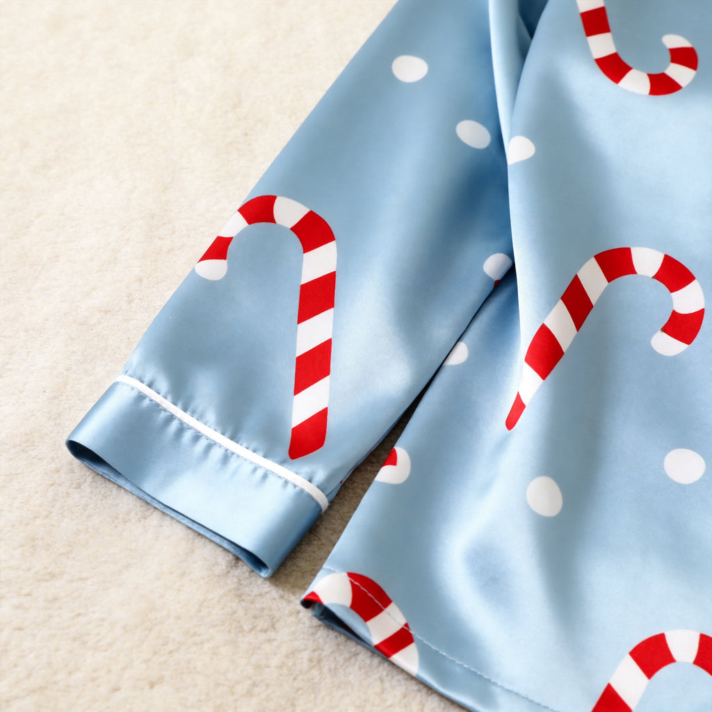 Candy Cane Print Satin Matching Pajamas for Couples – Long Sleeve Button-Down Top & Pants Sleepwear Set