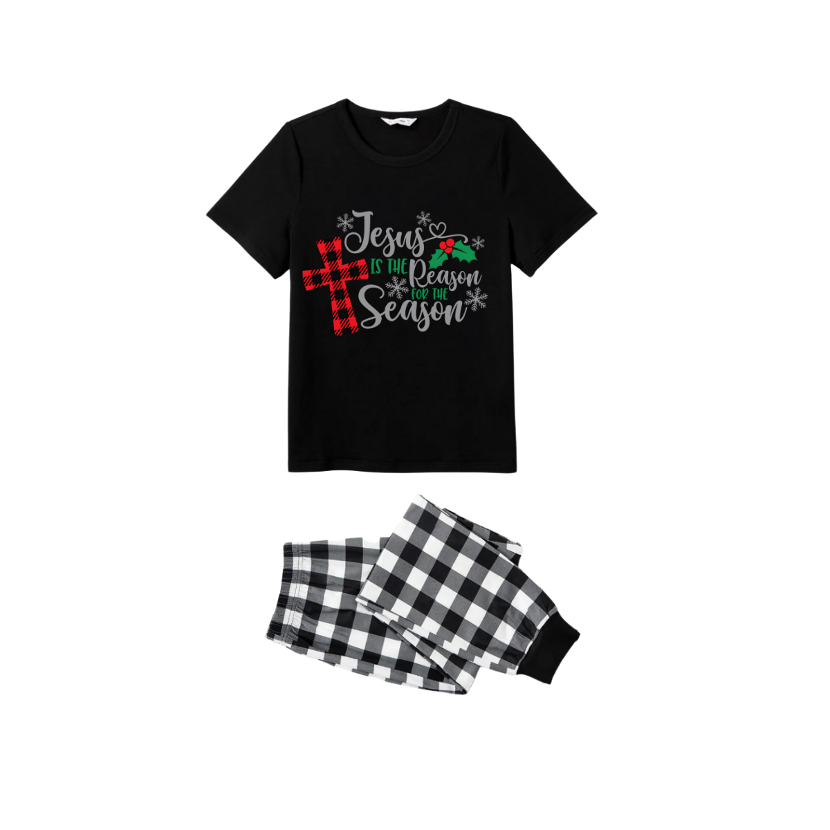 Jesus Is The Reason For The Season Cross Family Christmas Pajamas Set - Black Top Black and White Plaid Pants Red Plaid Cross Graphic