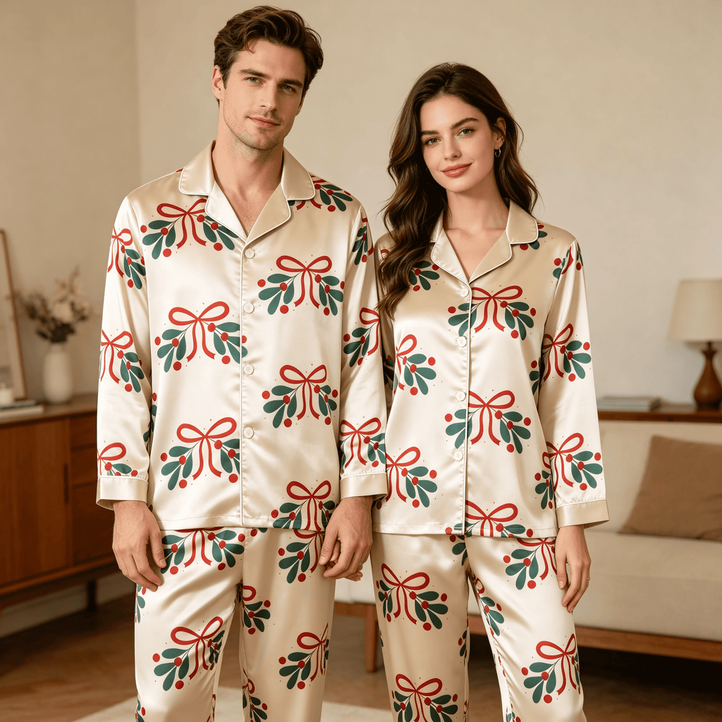 Holiday Bow and Mistletoe Satin Matching Pajamas for Couples – Long Sleeve Button-Down Top & Pants Sleepwear Set