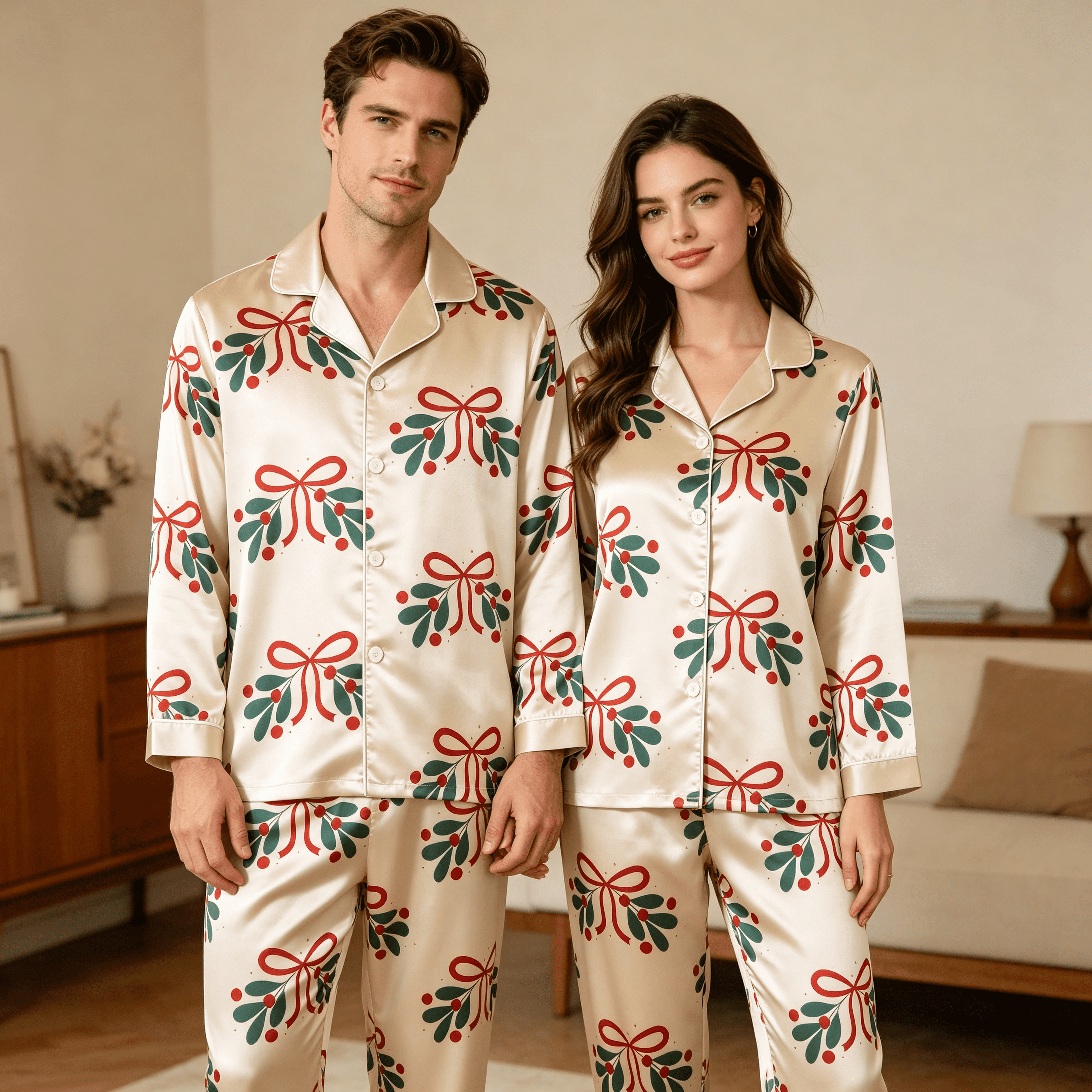Holiday Bow and Mistletoe Satin Matching Pajamas for Couples – Long Sleeve Button-Down Top & Pants Sleepwear Set