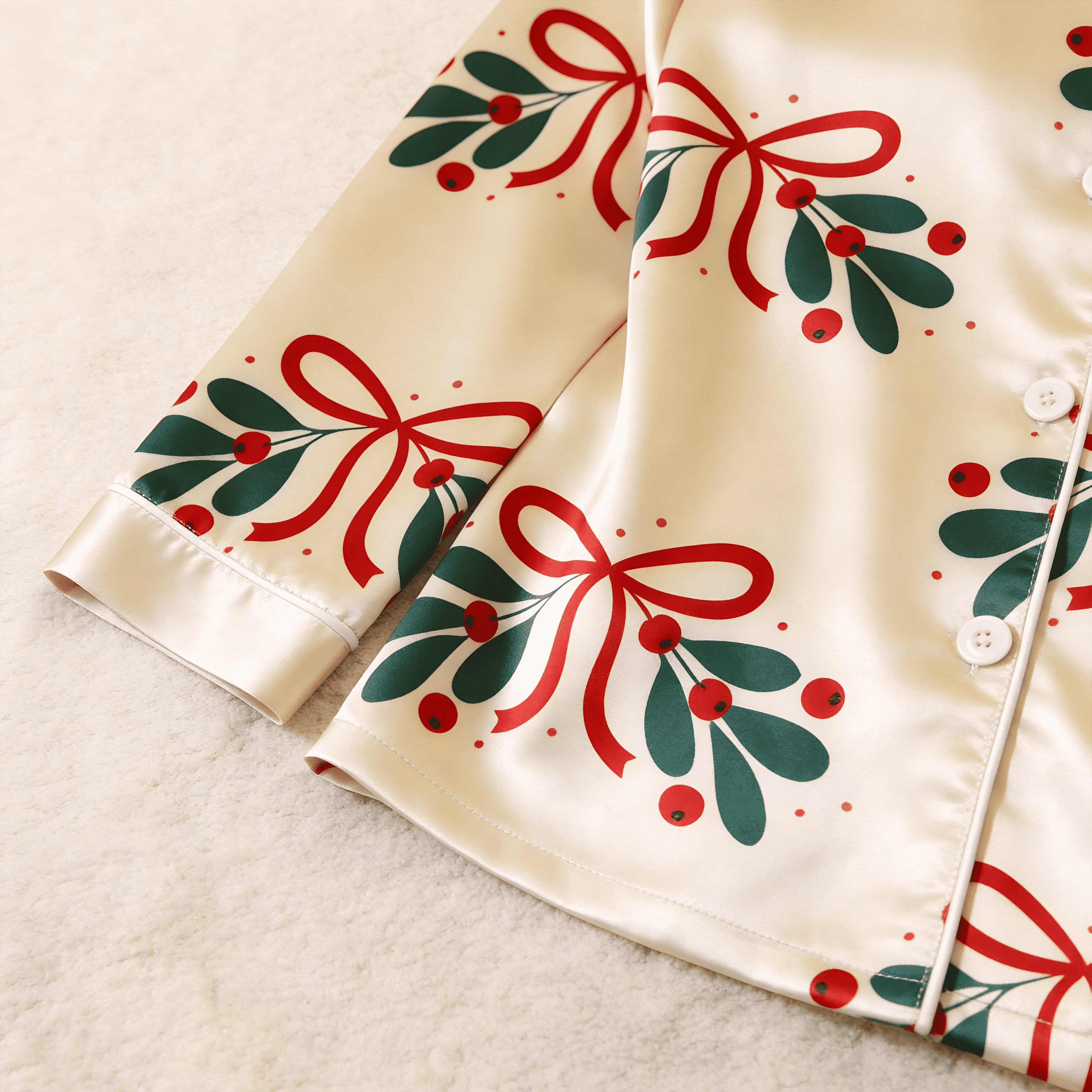 Holiday Bow and Mistletoe Satin Matching Pajamas for Couples – Long Sleeve Button-Down Top & Pants Sleepwear Set