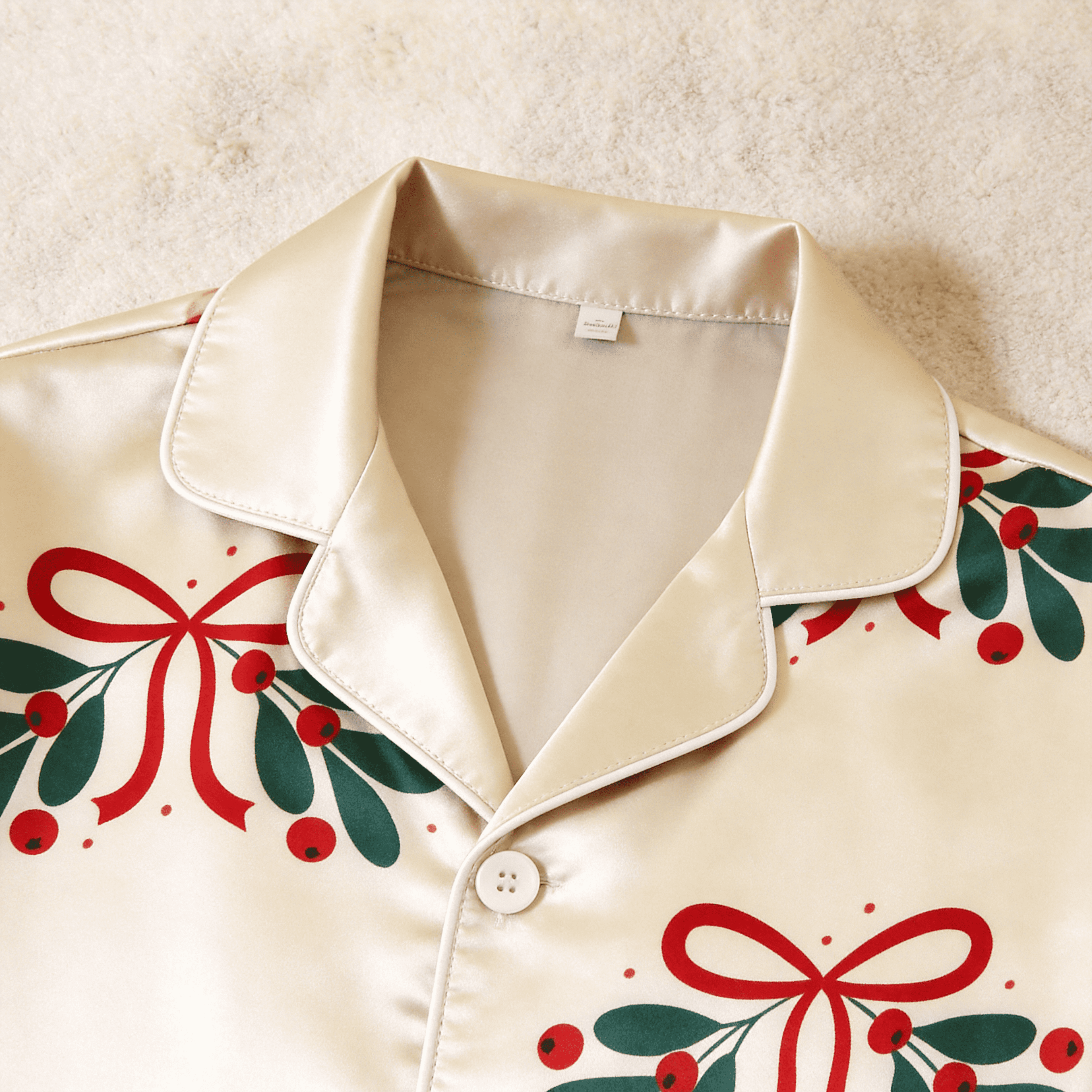 Holiday Bow and Mistletoe Satin Matching Pajamas for Couples – Long Sleeve Button-Down Top & Pants Sleepwear Set
