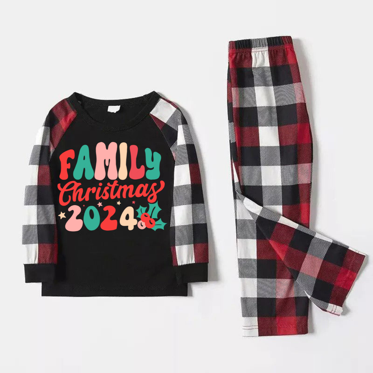 Christmas ‘ Family Christmas 2024’ Letter Print Patterned Casual Long Sleeve Sweatshirts Contrast Tops and Red & Black & White Plaid Pants Family Matching Pajamas Set With Dog Bandana