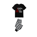 Christmas With My Tribe Family Christmas Pajamas Set - Black Top Black and White Plaid Pants White Text Graphic