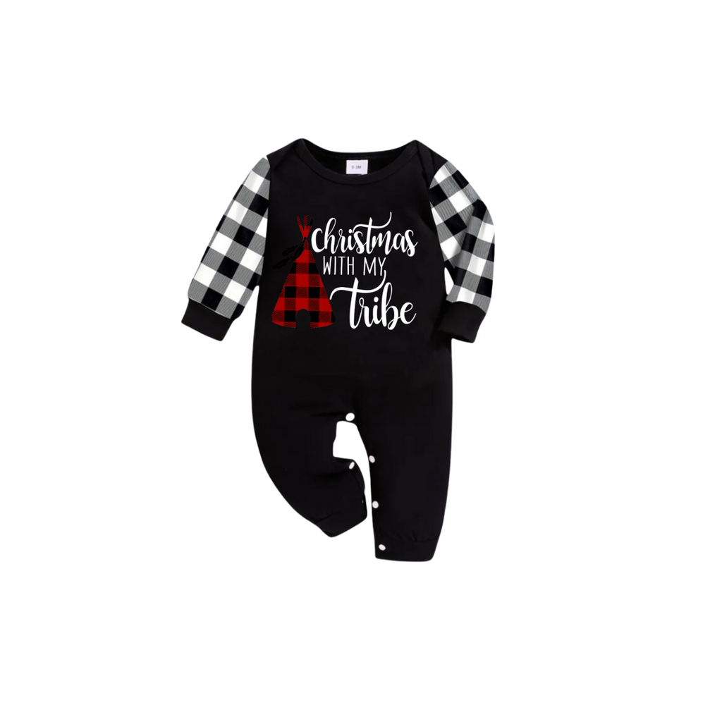 Christmas With My Tribe Family Christmas Pajamas Set - Black Top Black and White Plaid Pants White Text Graphic