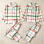 Watercolor Plaid Satin Matching Pajamas for Couples – Long Sleeve Button-Down Top & Pants Sleepwear Set