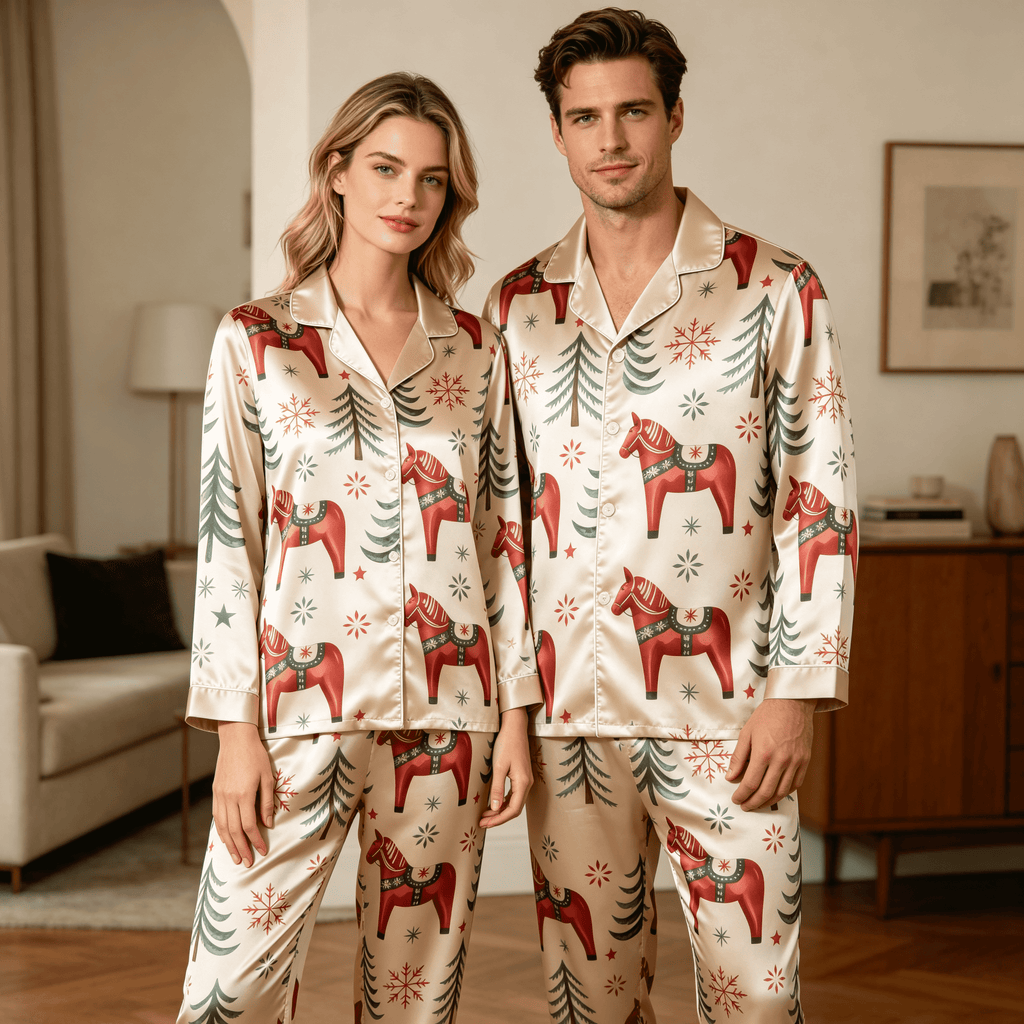 Dala Horse Holiday Satin Matching Pajamas for Couples – Long Sleeve Button-Down Top & Pants Sleepwear Set