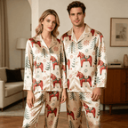 Dala Horse Holiday Satin Matching Pajamas for Couples – Long Sleeve Button-Down Top & Pants Sleepwear Set