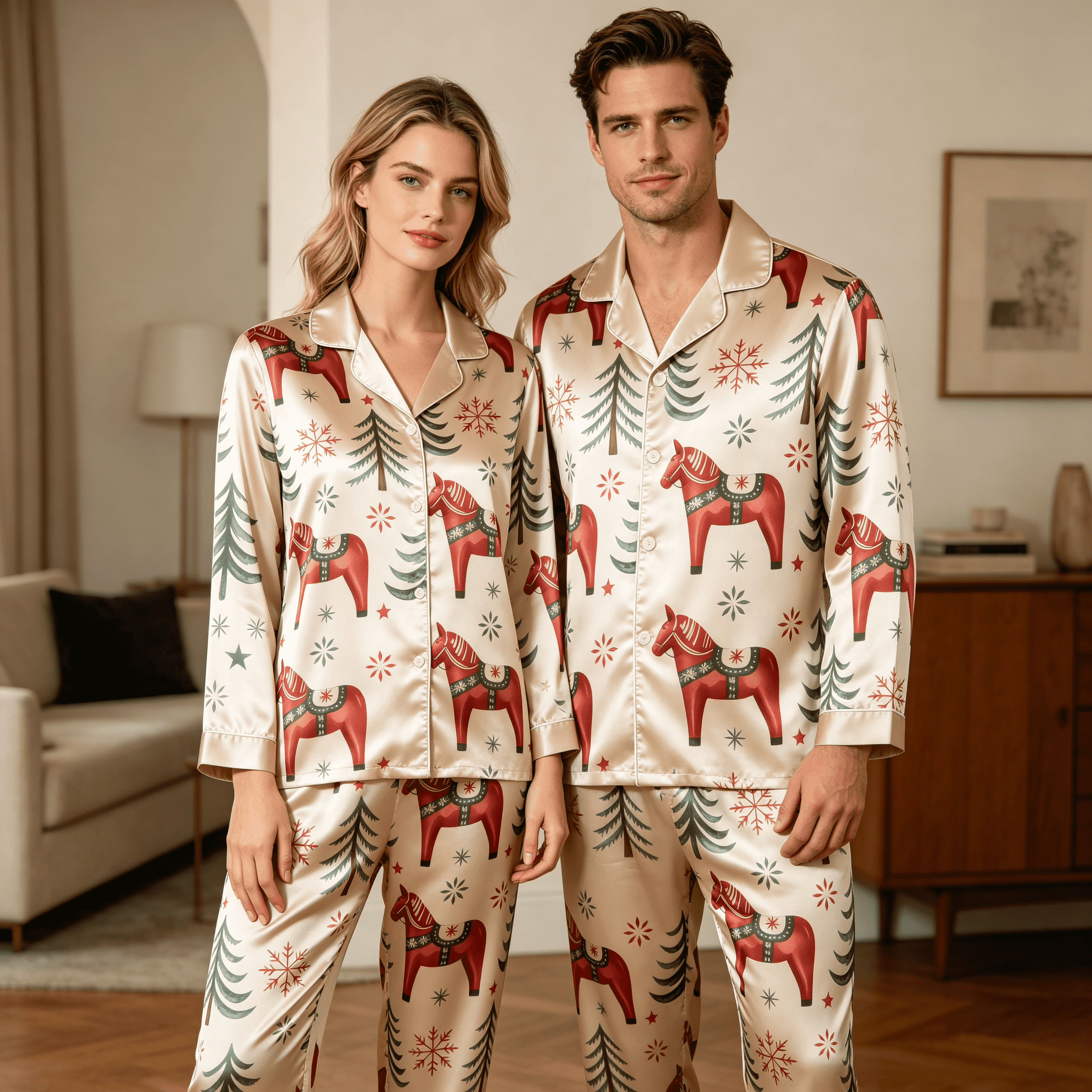 Dala Horse Holiday Satin Matching Pajamas for Couples – Long Sleeve Button-Down Top & Pants Sleepwear Set