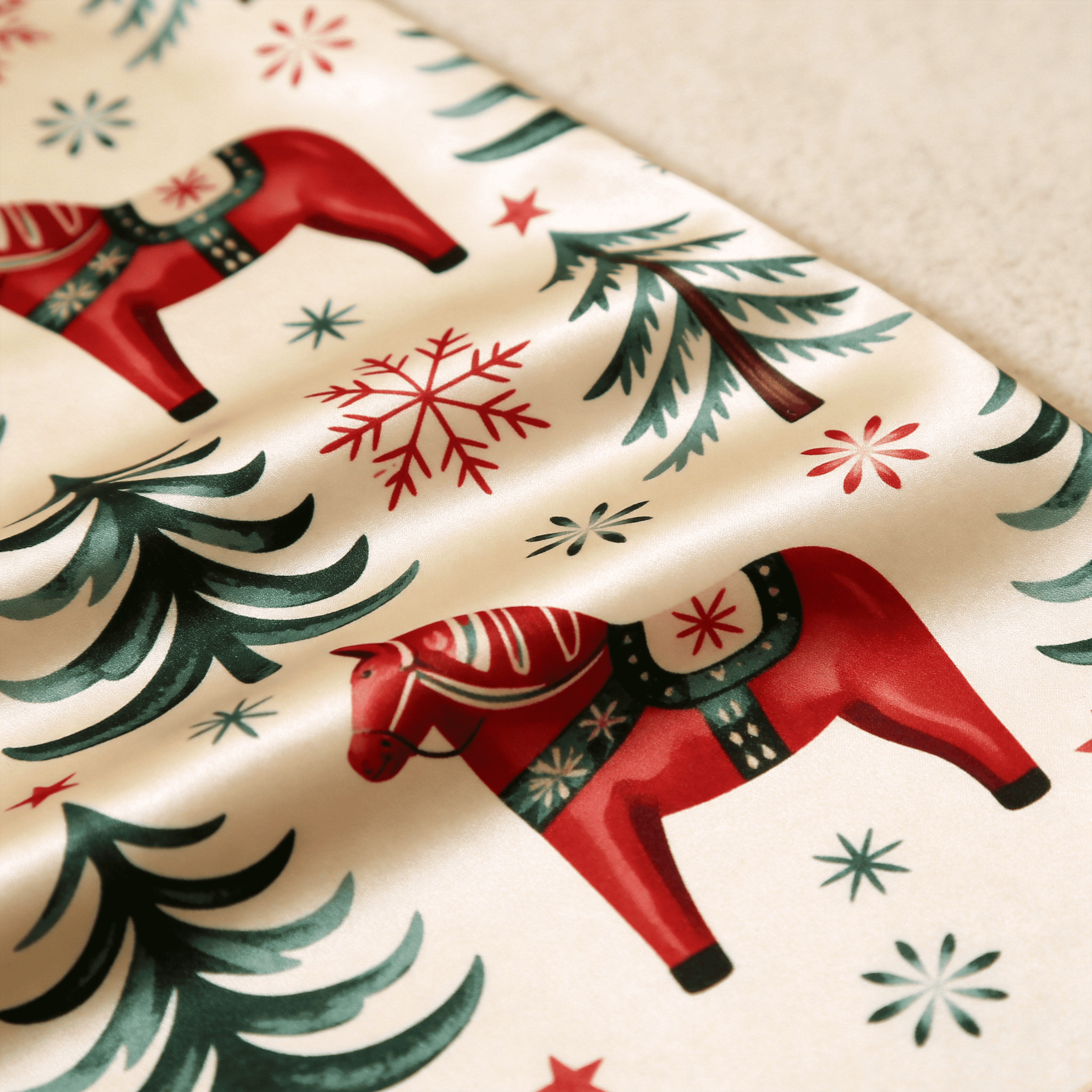 Dala Horse Holiday Satin Matching Pajamas for Couples – Long Sleeve Button-Down Top & Pants Sleepwear Set