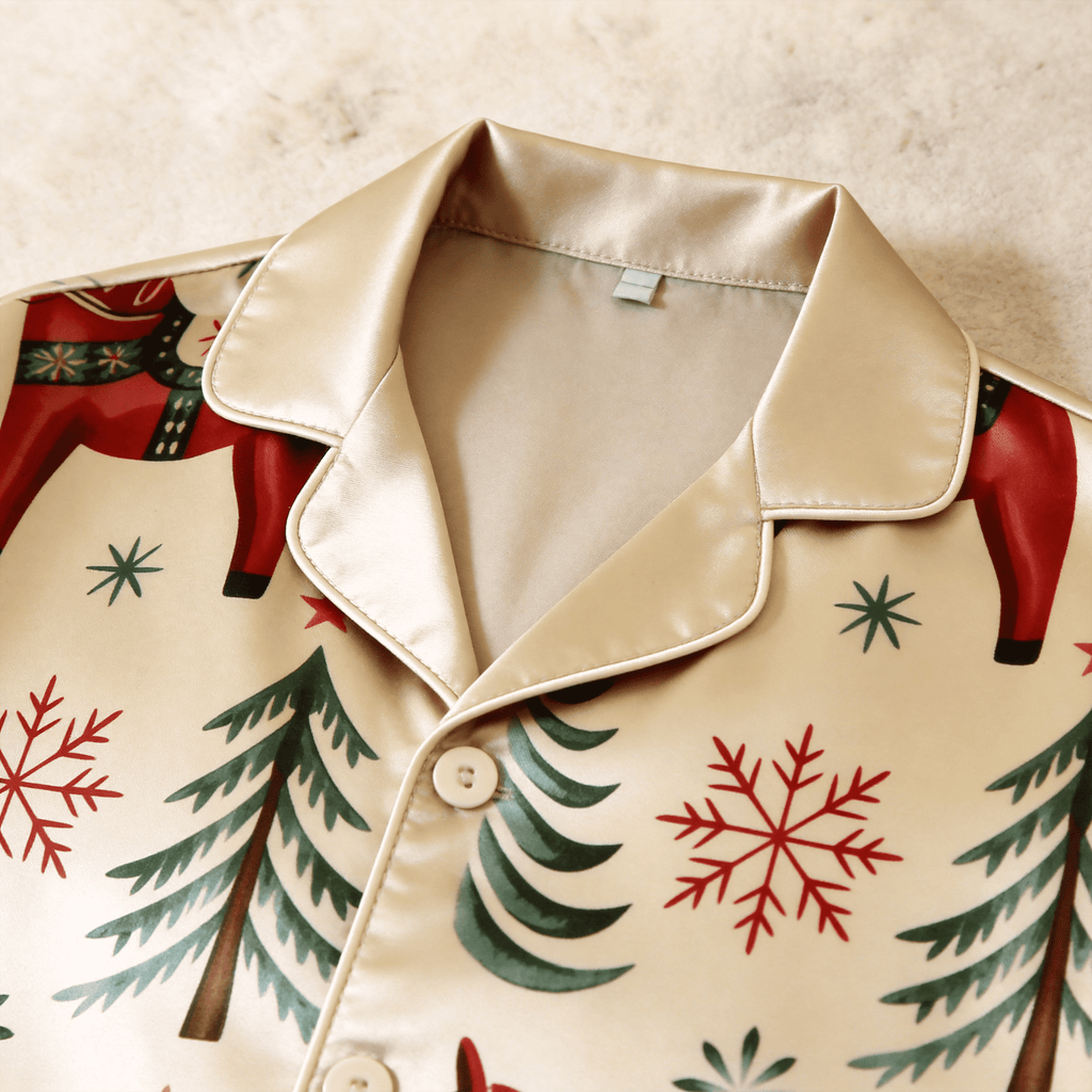 Dala Horse Holiday Satin Matching Pajamas for Couples – Long Sleeve Button-Down Top & Pants Sleepwear Set
