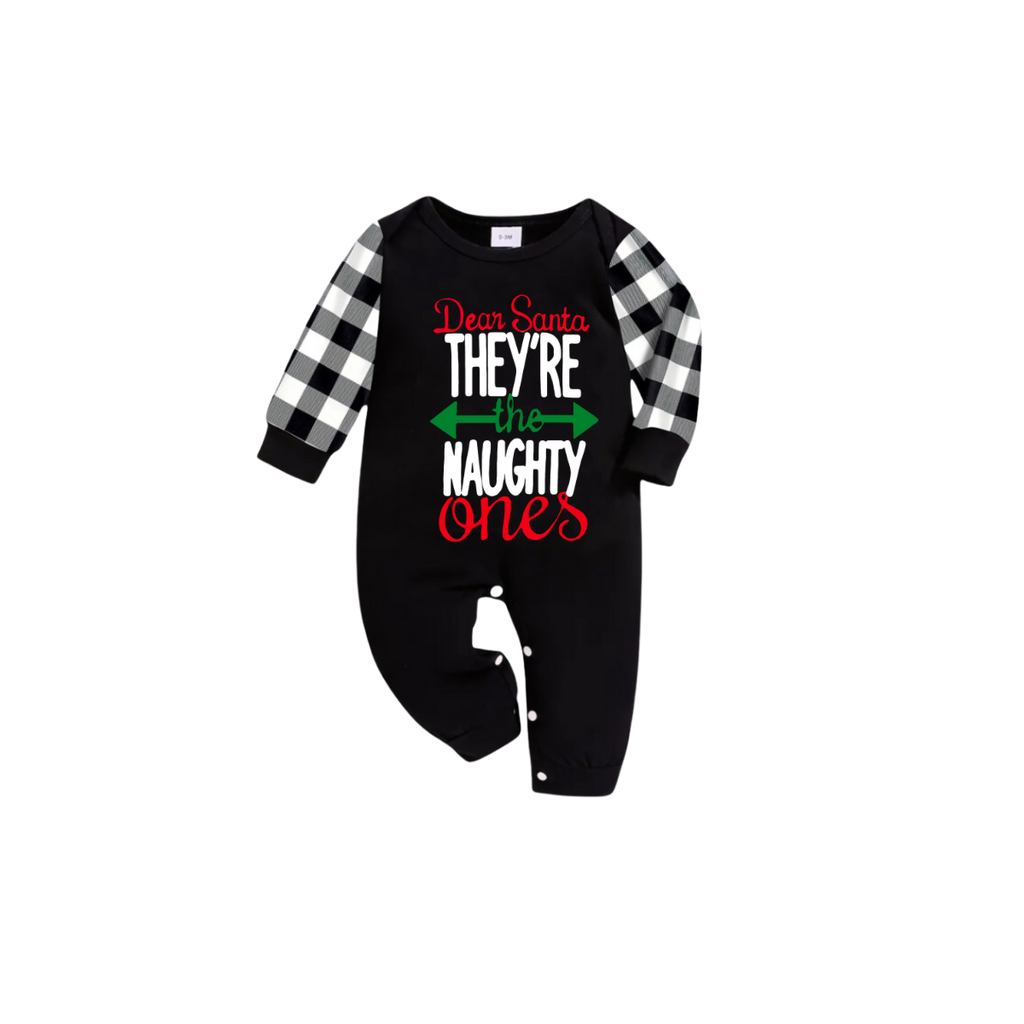 Dear Santa They’re the Naughty Ones Family Christmas Pajamas Set - Black Top Black and White Plaid Pants White Text Graphic