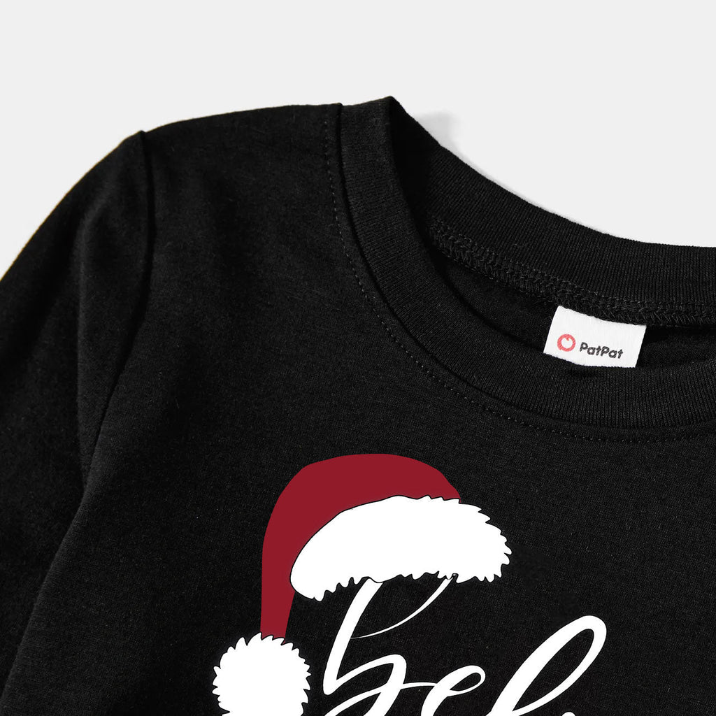 Christmas Hat and ‘Believe“ Letter Print Patterned Couple Black & White Plaid Pajamas Set