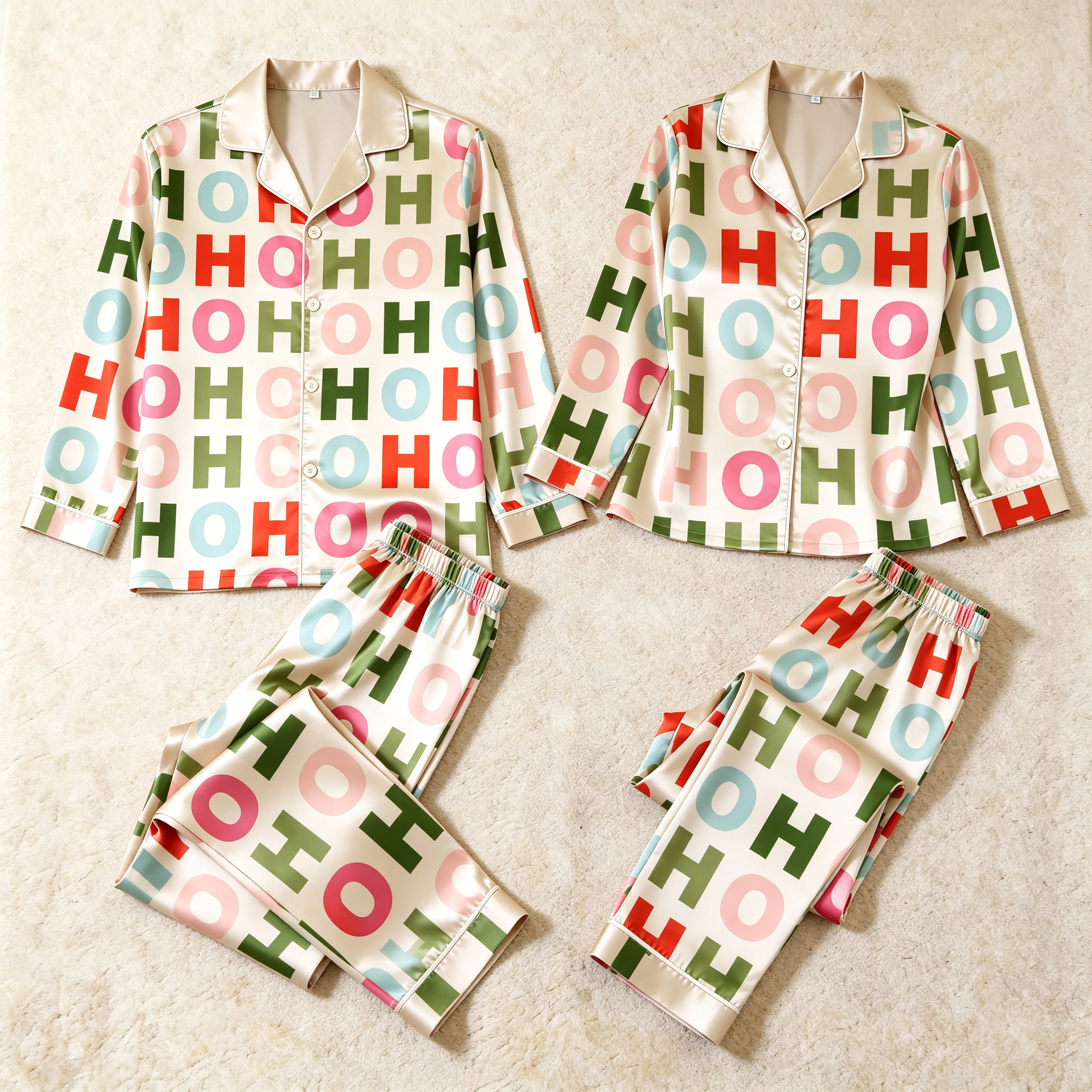 Colorful "HOHO" Letter Satin Matching Pajamas for Couples – Long Sleeve Button-Down Top & Pants Sleepwear Set