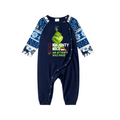 Cute Cartoon Pattern and Slogan Text Printed Blue Christmas Matching Pajamas