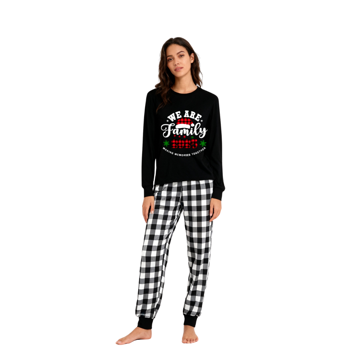 "We are Family2025" Santa Hat Monogram Print Black Long Sleeve Top with Black And White Plaid Pants Family Matching Pajamas