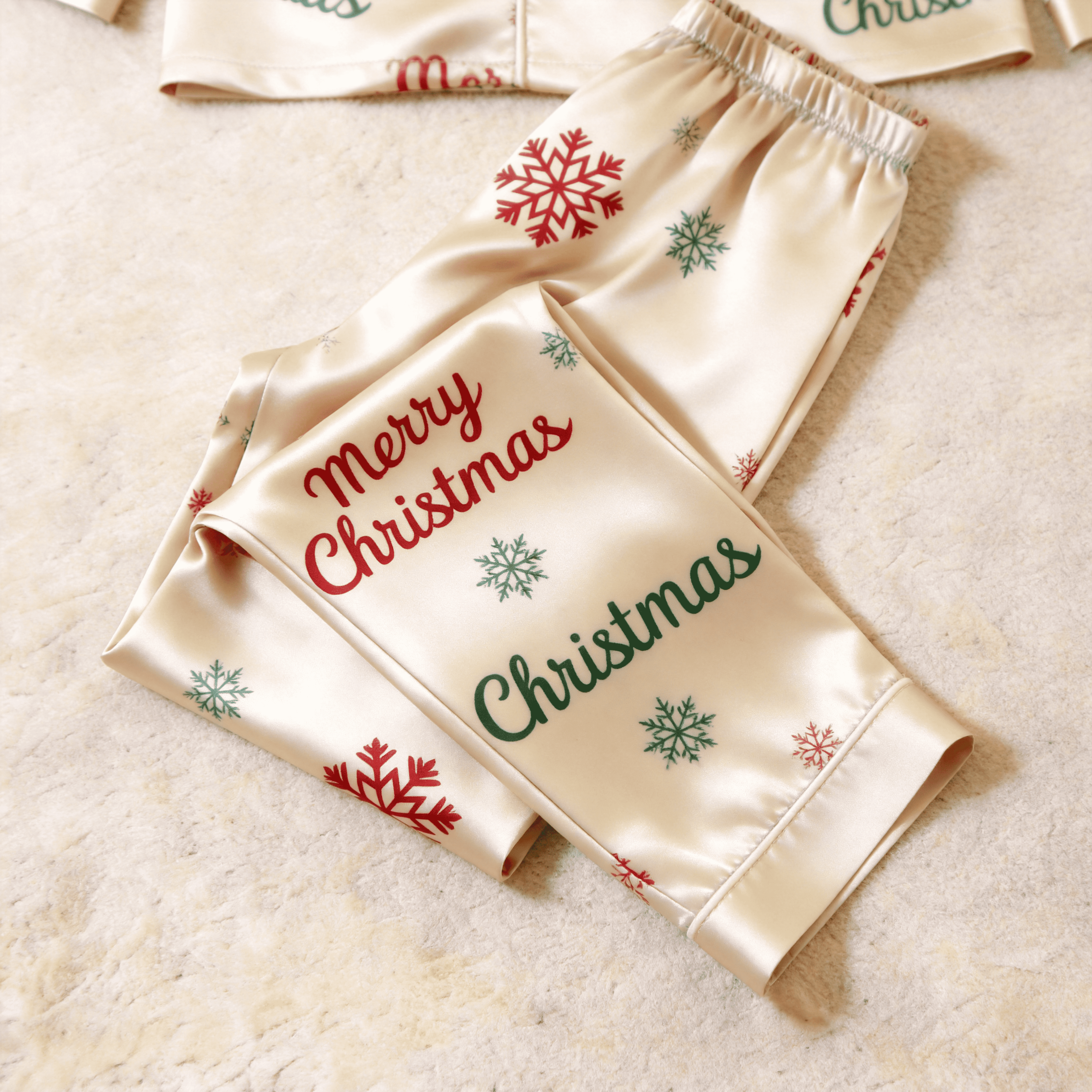 Merry Christmas Snowflake Satin Matching Pajamas for Couples – Long Sleeve Button-Down Top & Pants Sleepwear Set