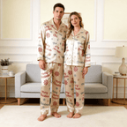 Merry Christmas Snowflake Satin Matching Pajamas for Couples – Long Sleeve Button-Down Top & Pants Sleepwear Set