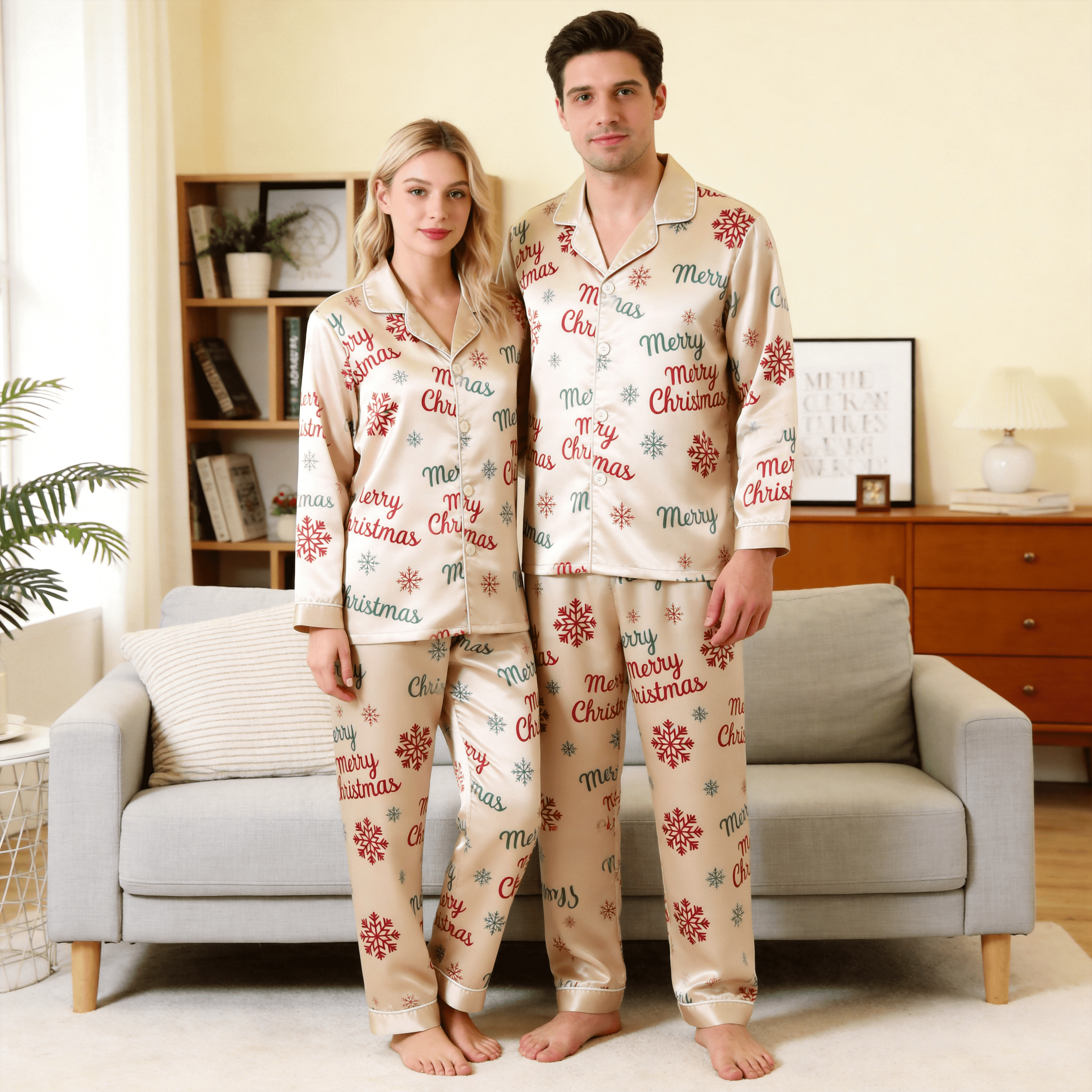 Merry Christmas Snowflake Satin Matching Pajamas for Couples – Long Sleeve Button-Down Top & Pants Sleepwear Set