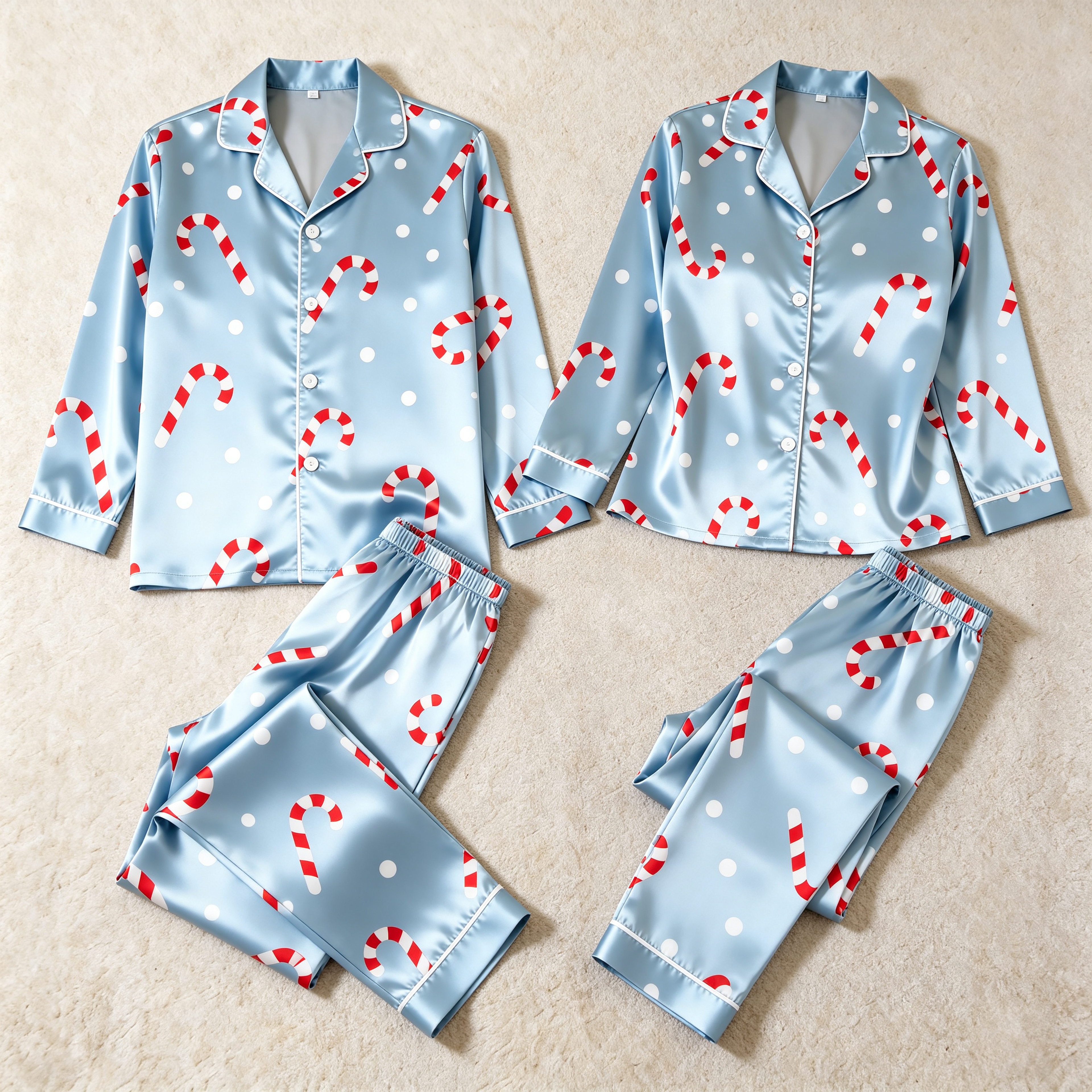 Candy Cane Print Satin Matching Pajamas for Couples – Long Sleeve Button-Down Top & Pants Sleepwear Set