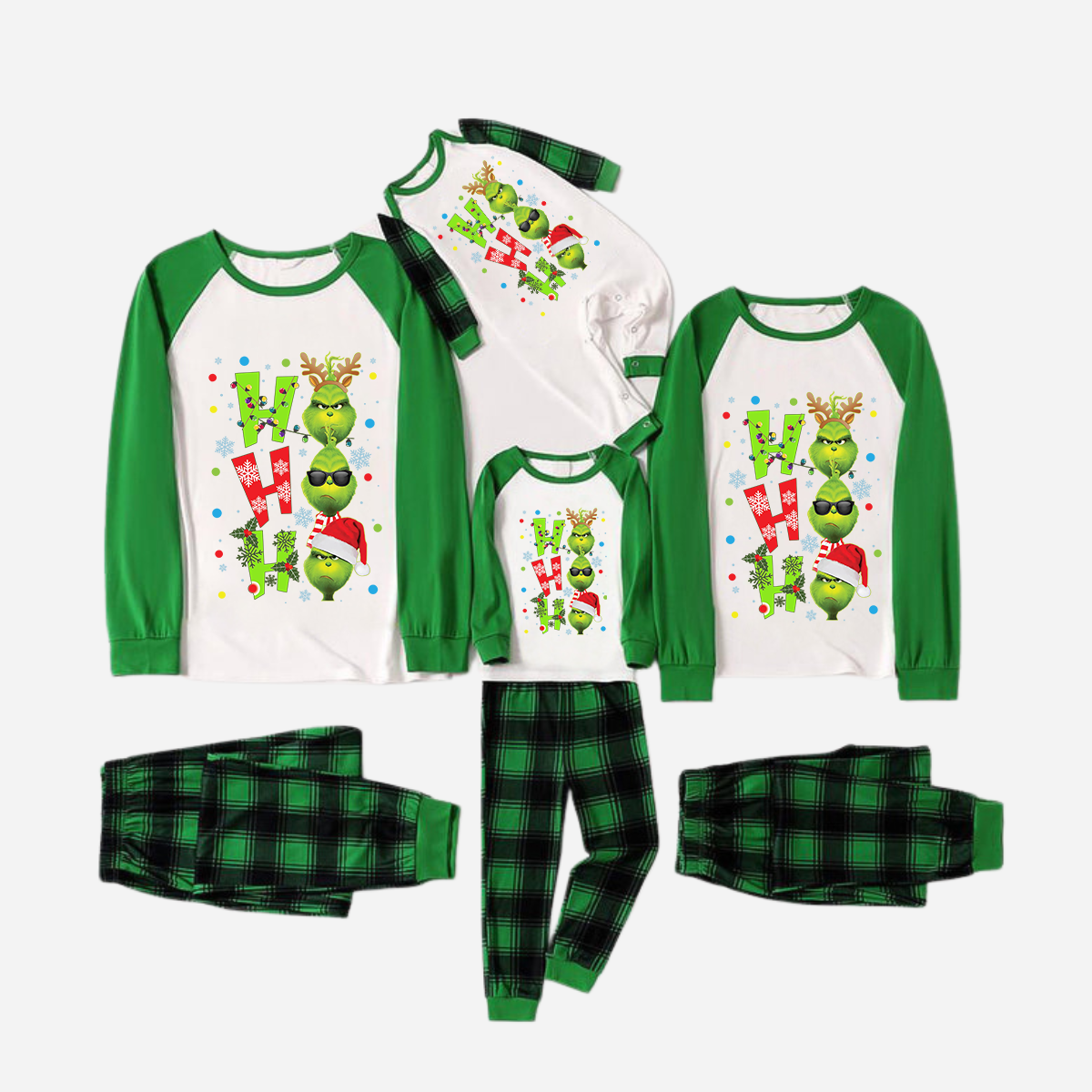 Green Raglan Top Green Plaid Christmas Pajamas Set With "ho ho ho" and Christmas Grinch Print