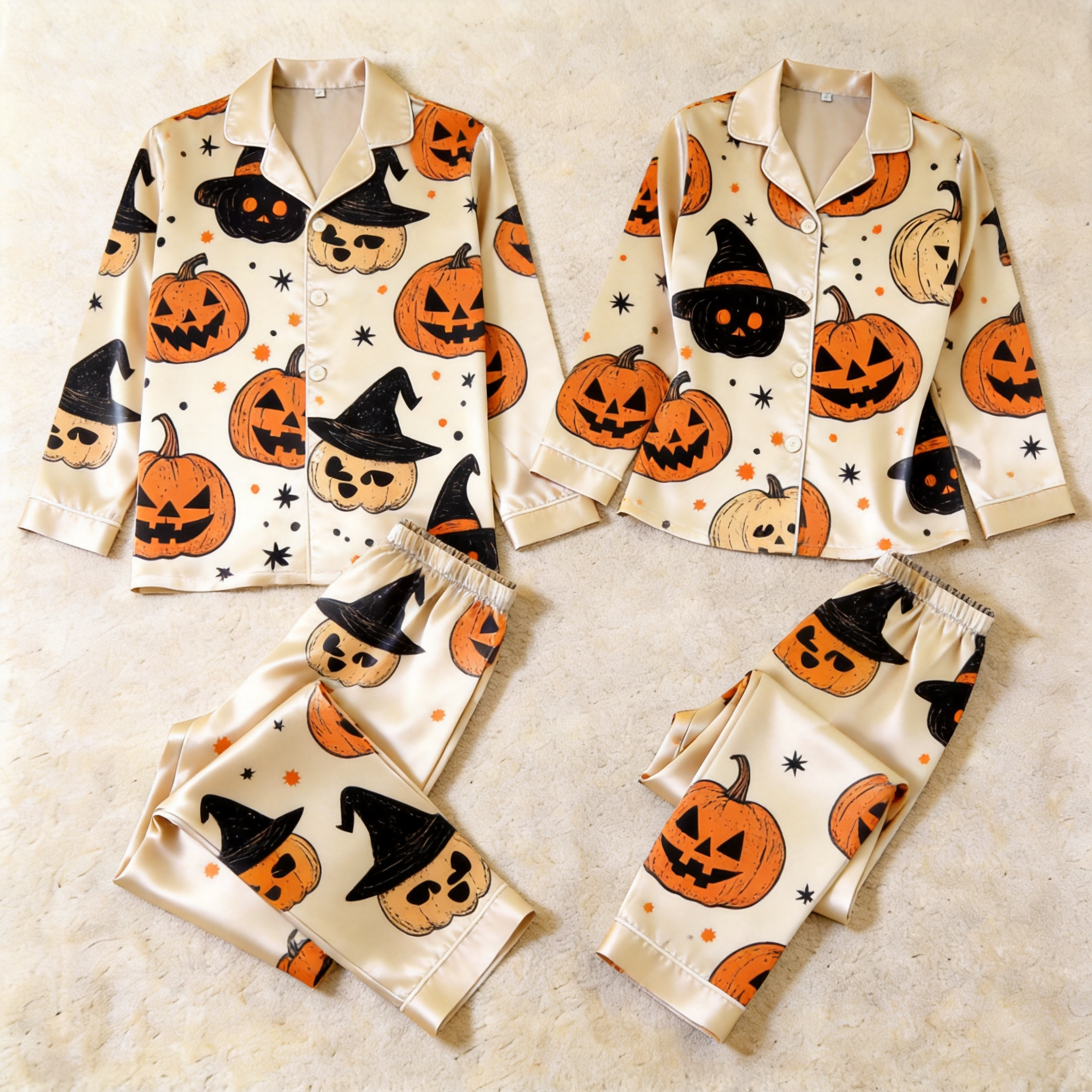 Pumpkin and Witch Hat Satin Matching Pajamas for Couples ¨C Long Sleeve Button-Down Top & Pants Sleepwear Set