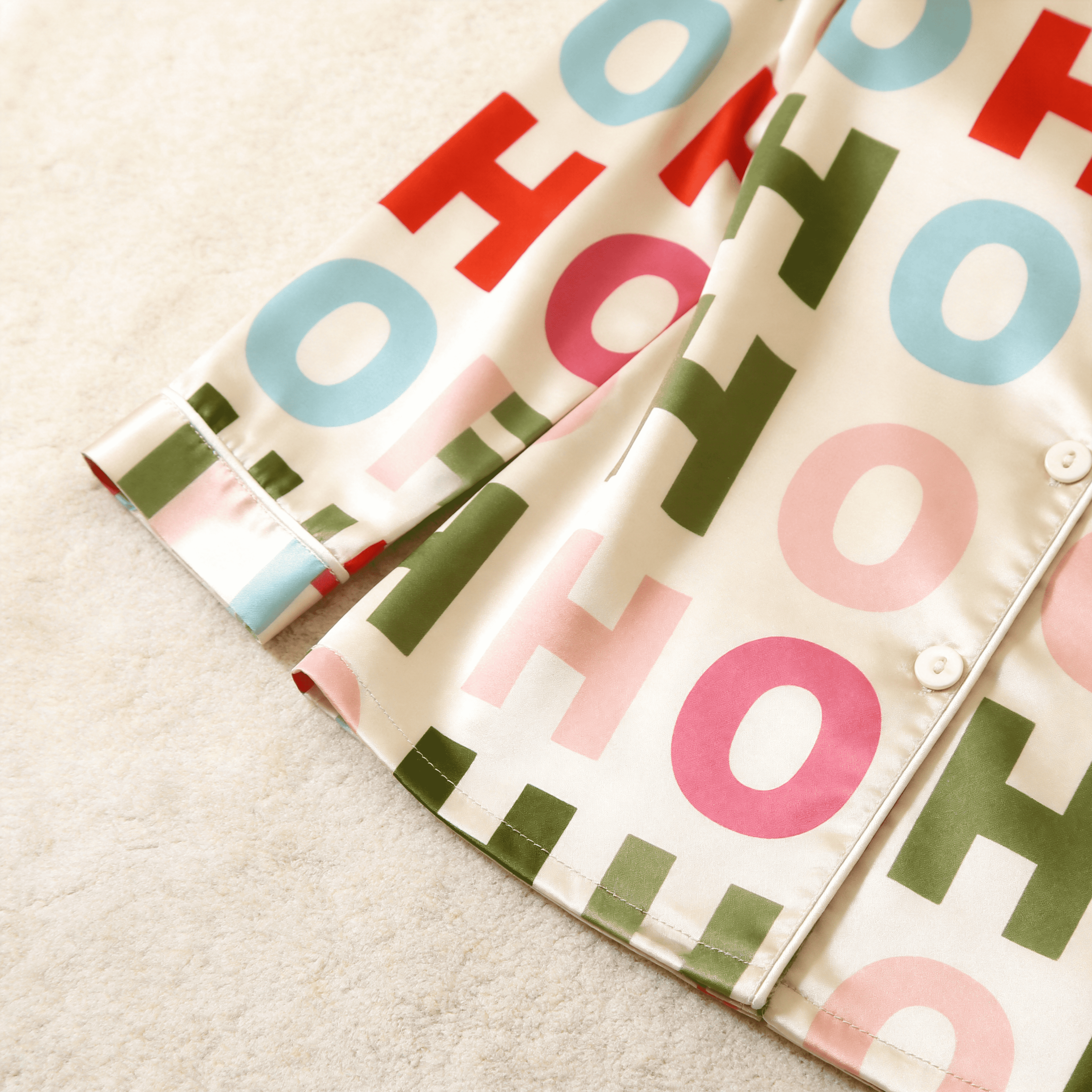 Colorful "HOHO" Letter Satin Matching Pajamas for Couples – Long Sleeve Button-Down Top & Pants Sleepwear Set