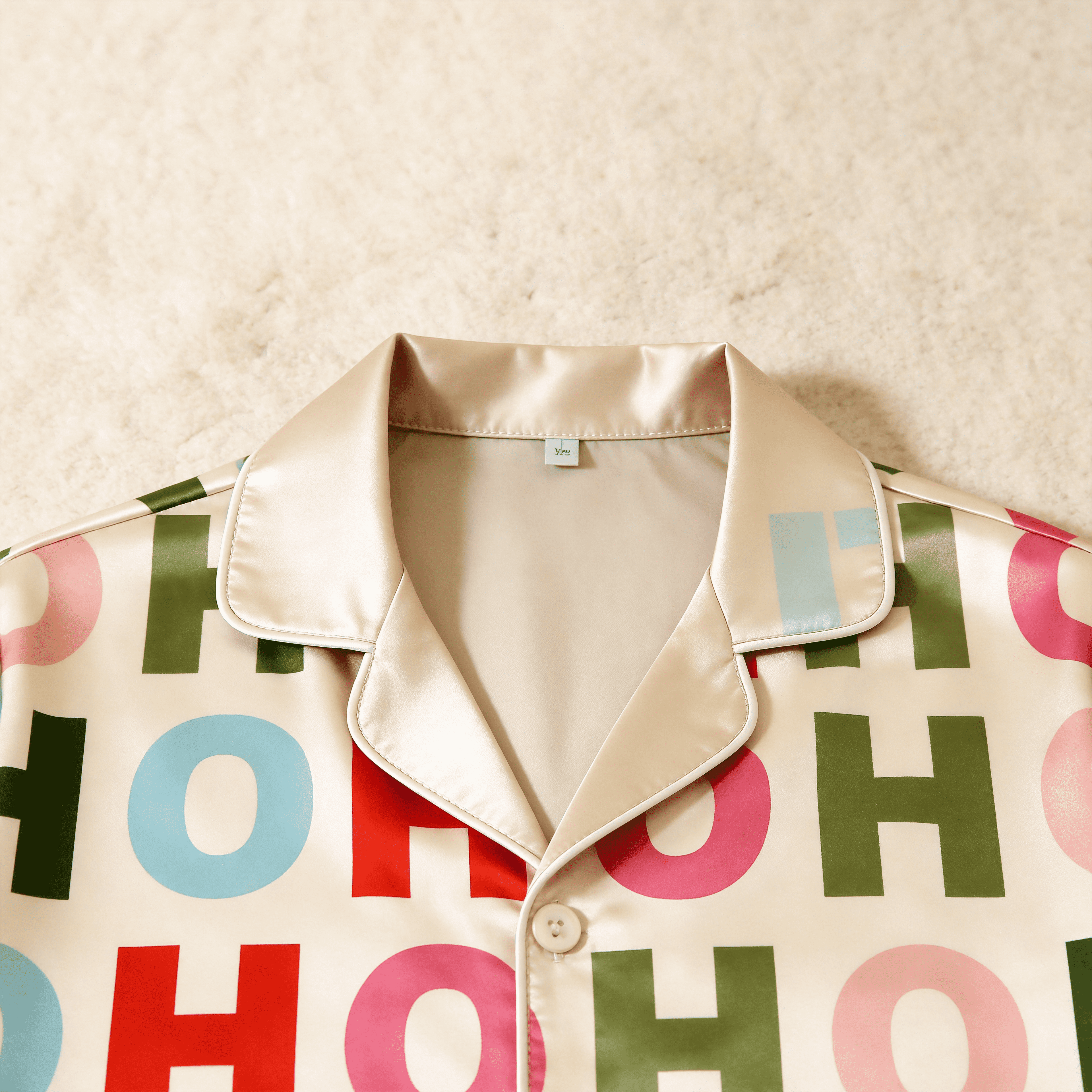 Colorful "HOHO" Letter Satin Matching Pajamas for Couples – Long Sleeve Button-Down Top & Pants Sleepwear Set