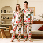 Colorful "HOHO" Letter Satin Matching Pajamas for Couples – Long Sleeve Button-Down Top & Pants Sleepwear Set