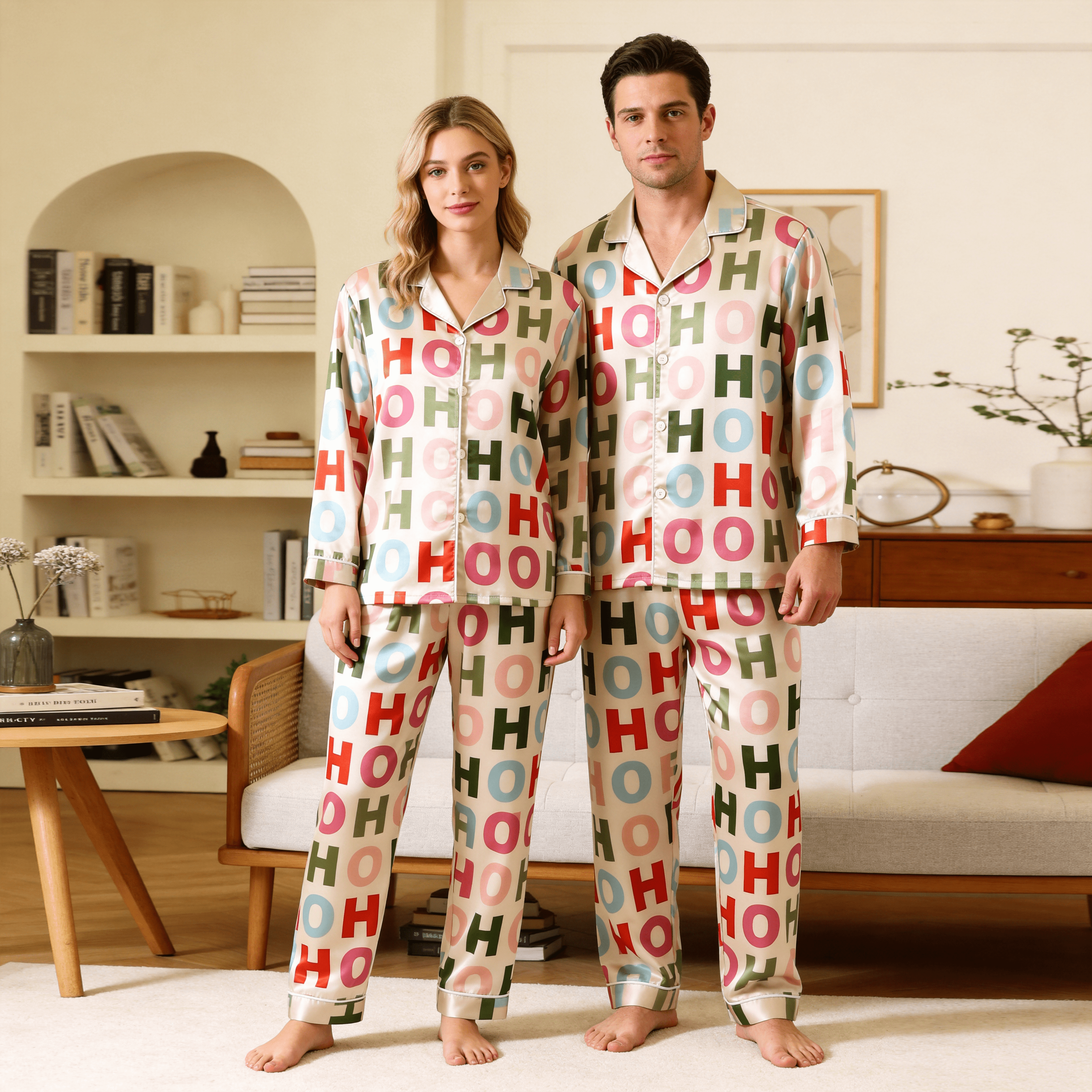 Colorful "HOHO" Letter Satin Matching Pajamas for Couples – Long Sleeve Button-Down Top & Pants Sleepwear Set