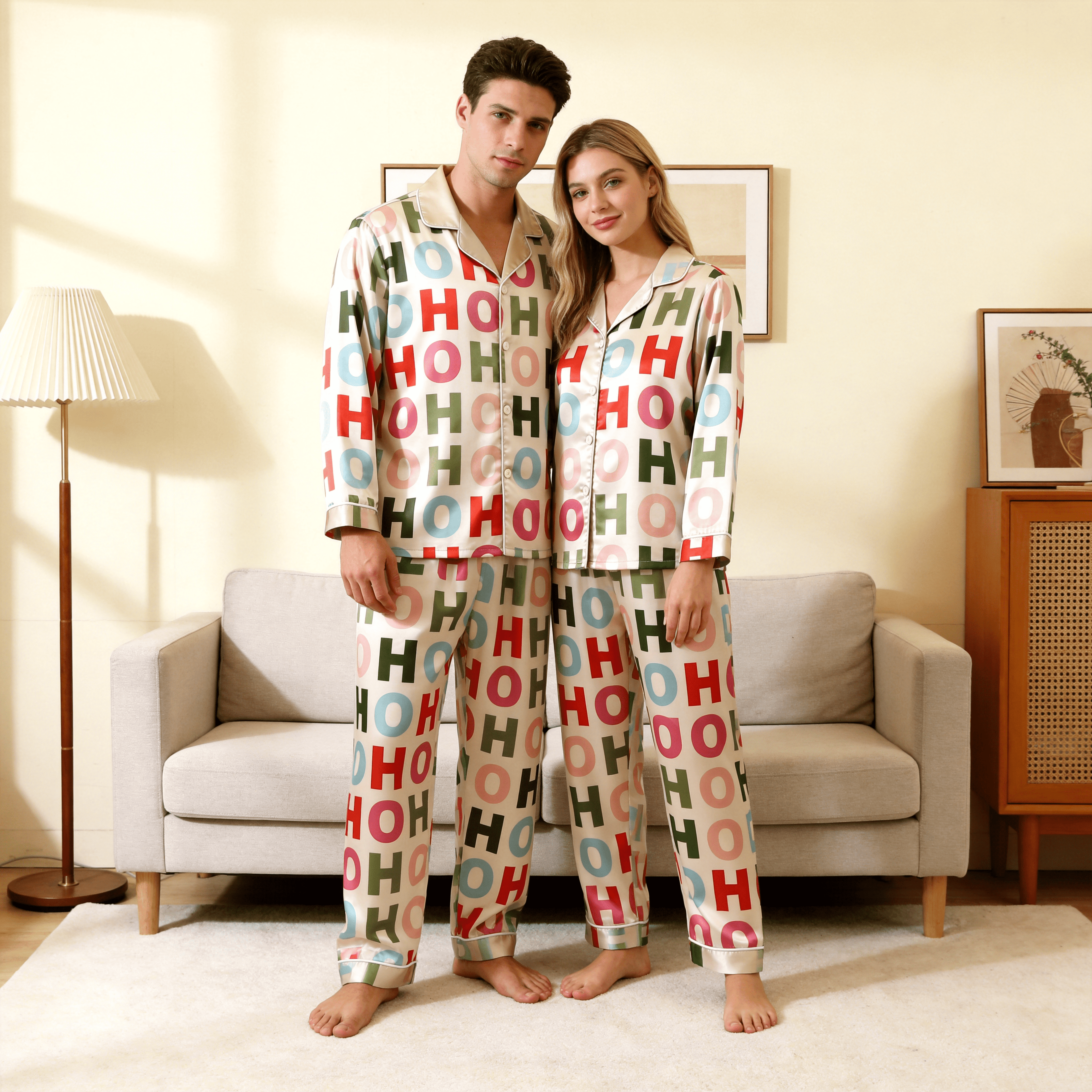 Colorful "HOHO" Letter Satin Matching Pajamas for Couples – Long Sleeve Button-Down Top & Pants Sleepwear Set