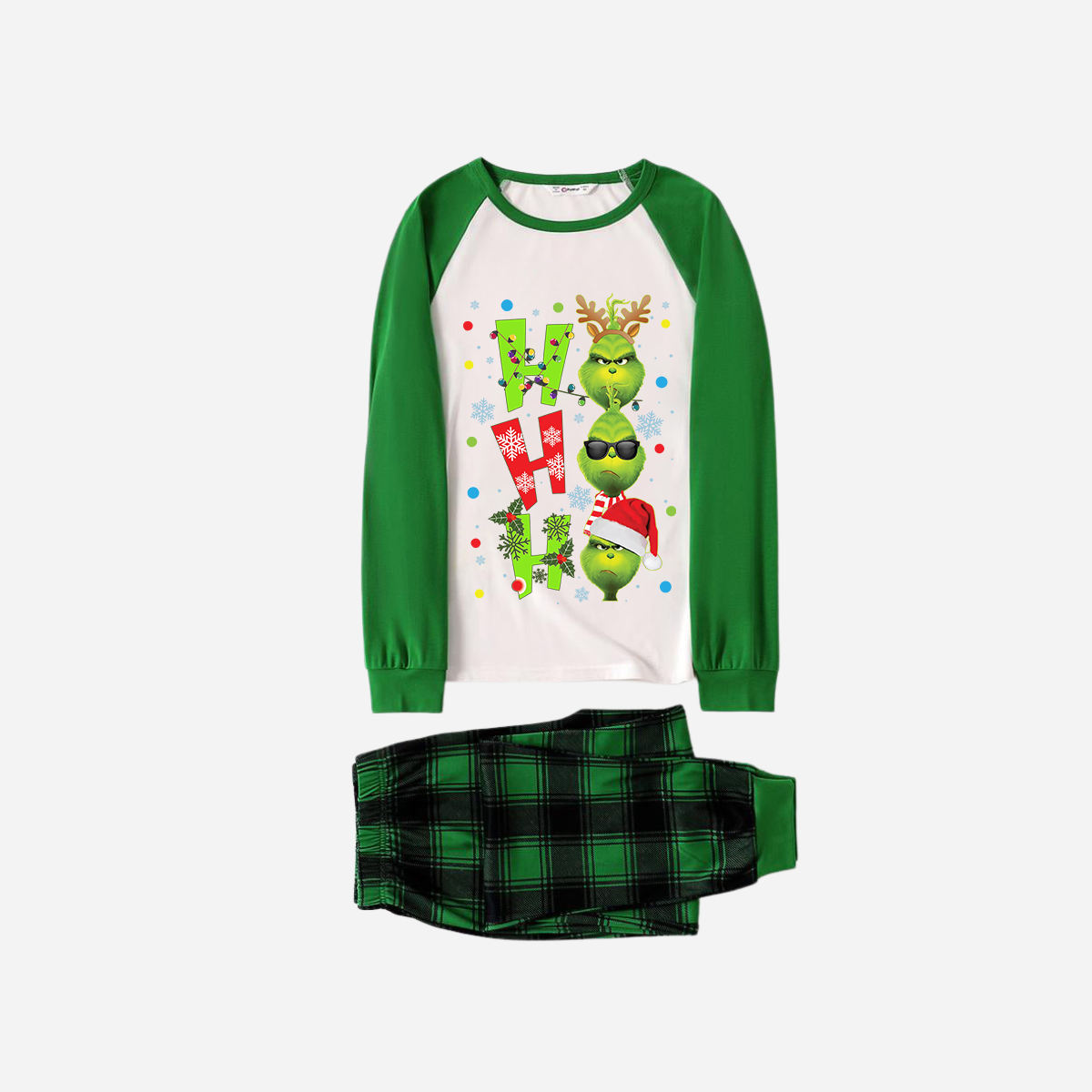 Green Raglan Top Green Plaid Christmas Pajamas Set With "ho ho ho" and Christmas Grinch Print