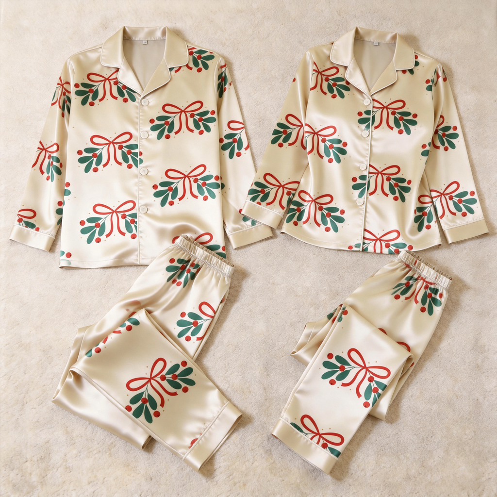 Holiday Bow and Mistletoe Satin Matching Pajamas for Couples – Long Sleeve Button-Down Top & Pants Sleepwear Set