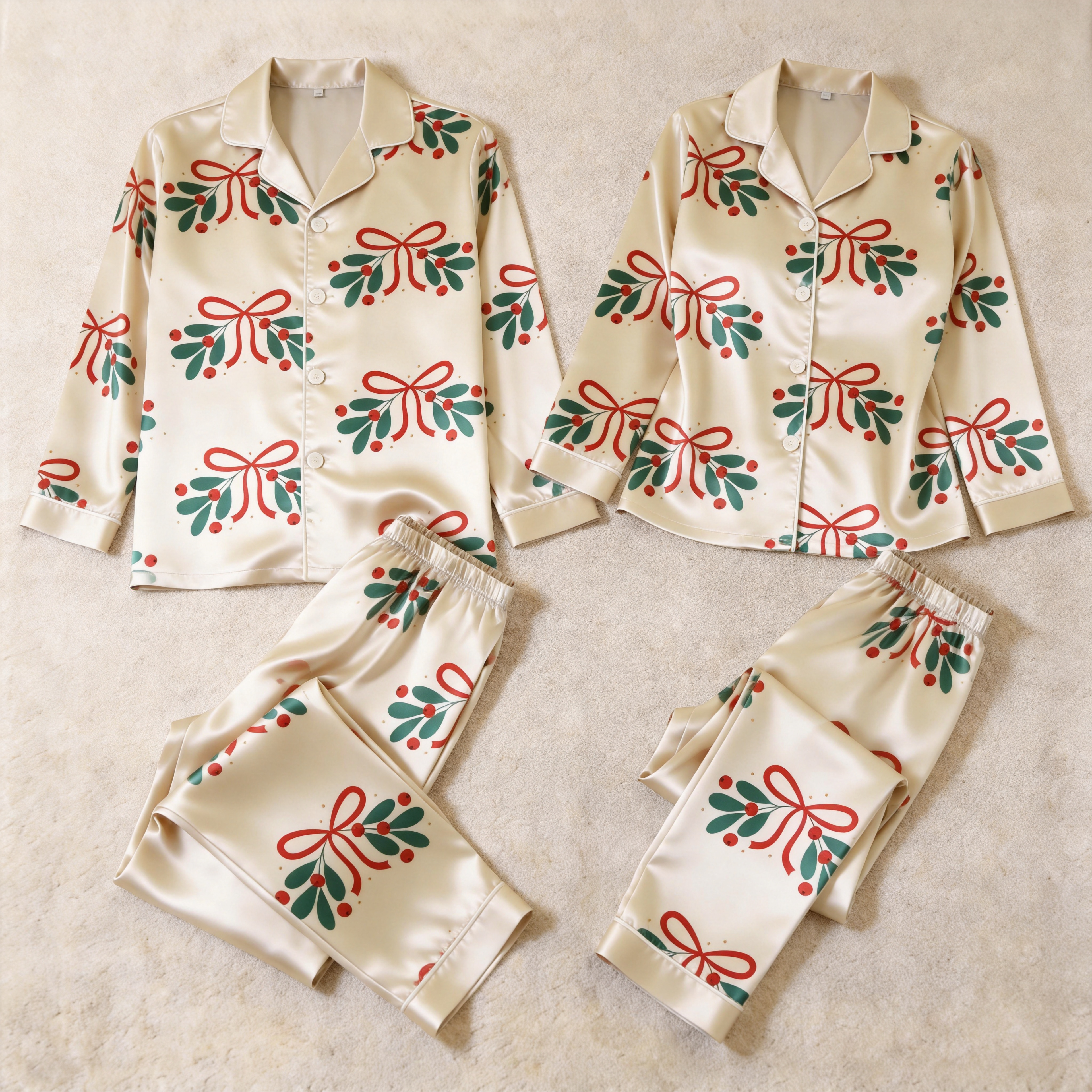 Holiday Bow and Mistletoe Satin Matching Pajamas for Couples – Long Sleeve Button-Down Top & Pants Sleepwear Set
