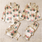 Holiday Bow and Mistletoe Satin Matching Pajamas for Couples – Long Sleeve Button-Down Top & Pants Sleepwear Set