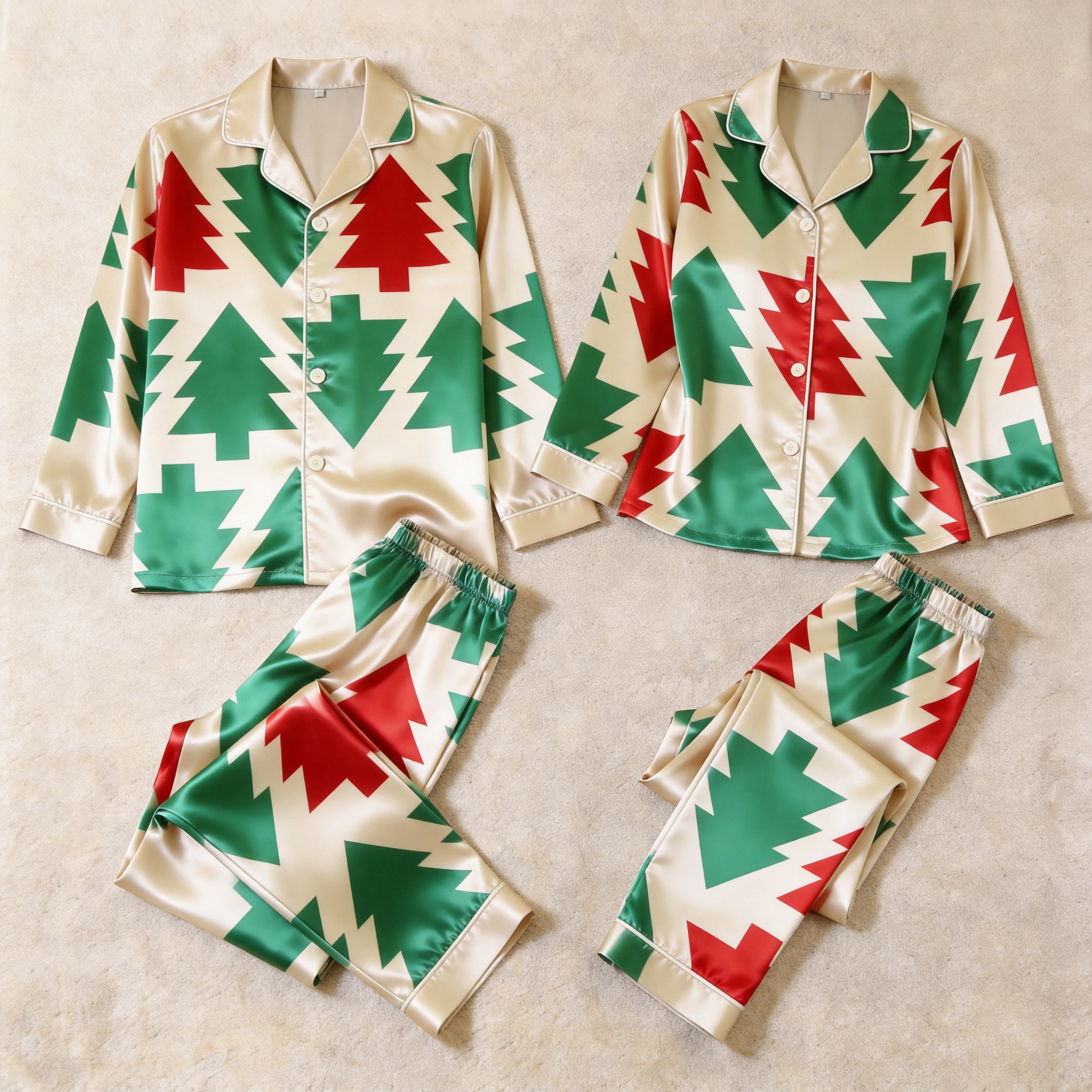 Christmas Tree Satin Matching Pajamas for Couples – Long Sleeve Button-Down Top & Pants Sleepwear Set