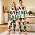 Christmas Tree Satin Matching Pajamas for Couples – Long Sleeve Button-Down Top & Pants Sleepwear Set