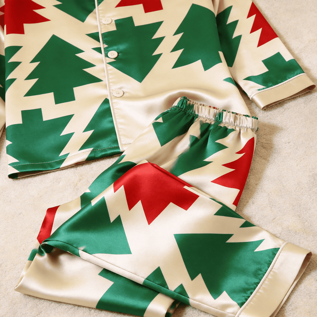 Christmas Tree Satin Matching Pajamas for Couples – Long Sleeve Button-Down Top & Pants Sleepwear Set